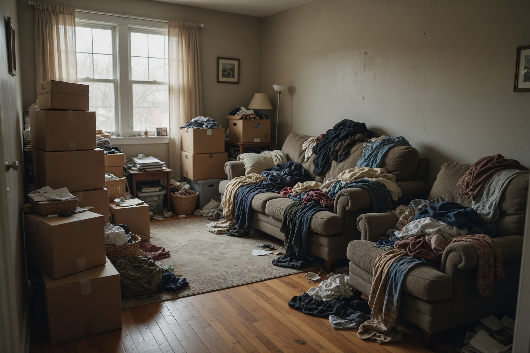 Moderately cluttered room with boxes, a hoarder house sold as-is in Bakersfield