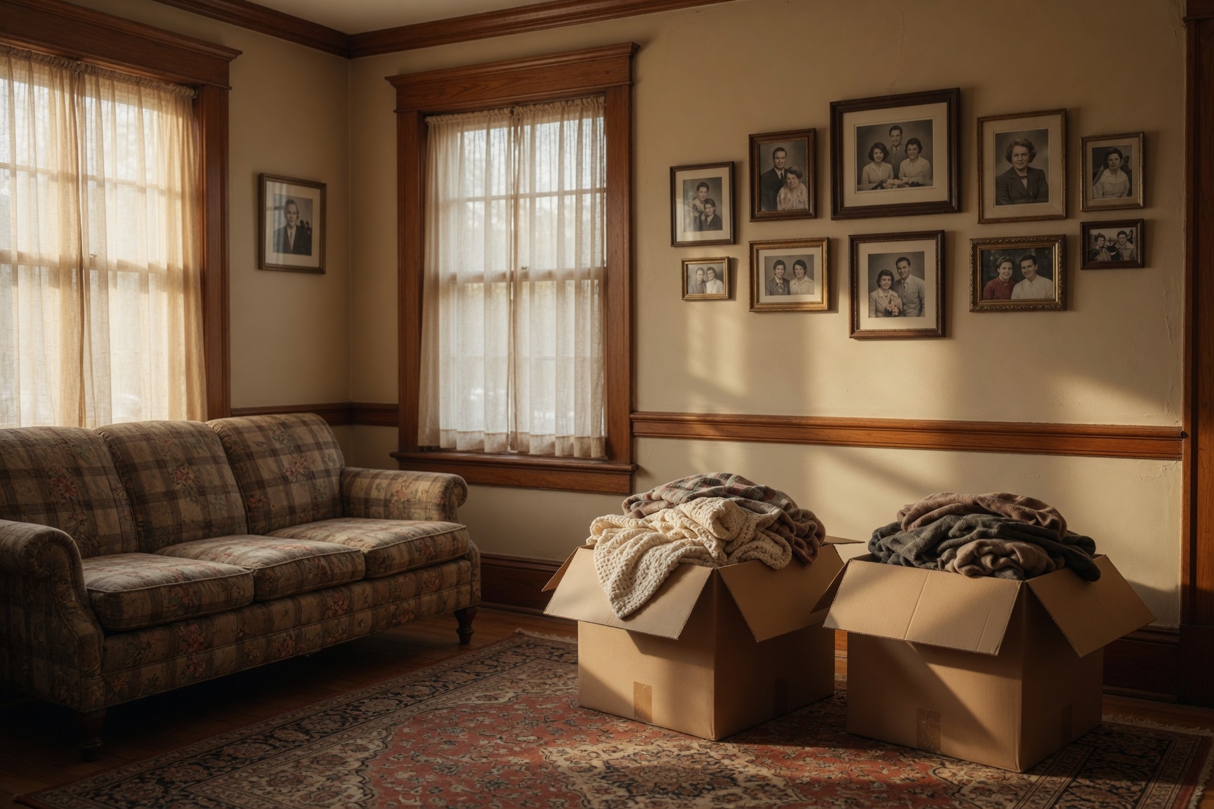 Half-packed living room with moving boxes during a Bakersfield divorce sale
