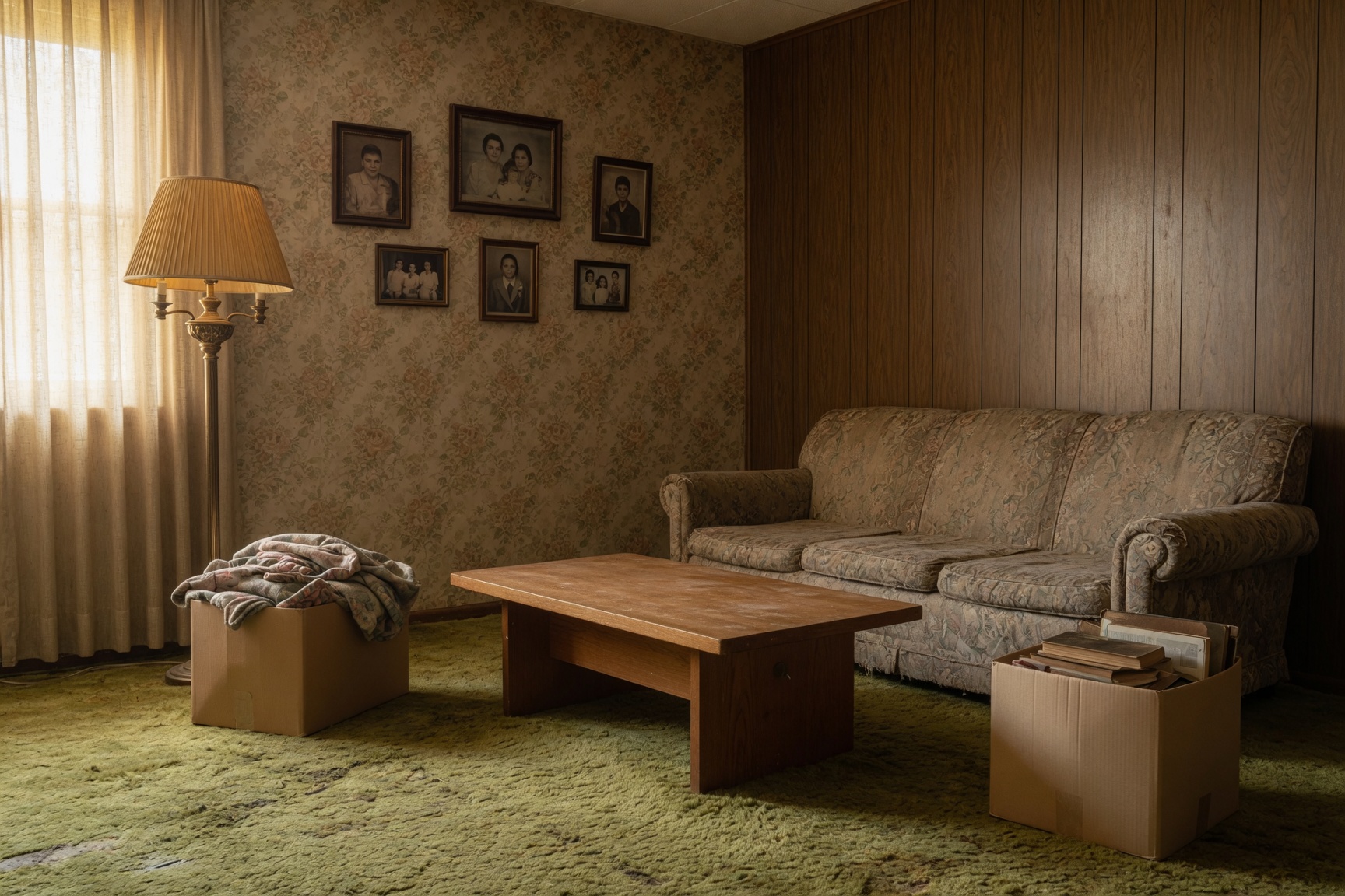 Inherited Bakersfield home living room with family photos and packing boxes