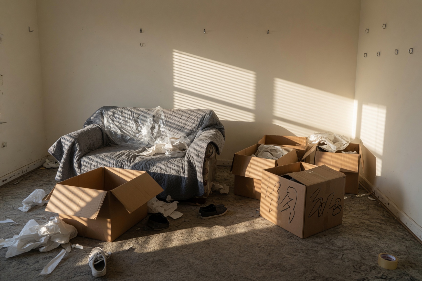 Living room stacked with moving boxes for a Bakersfield relocation sale