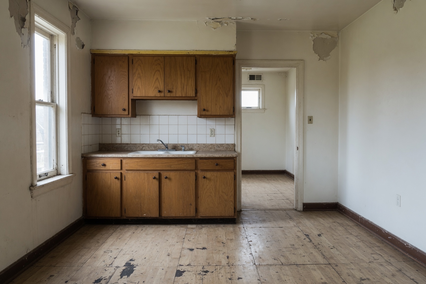 Worn rental unit interior with deferred maintenance, sold as-is in Bakersfield