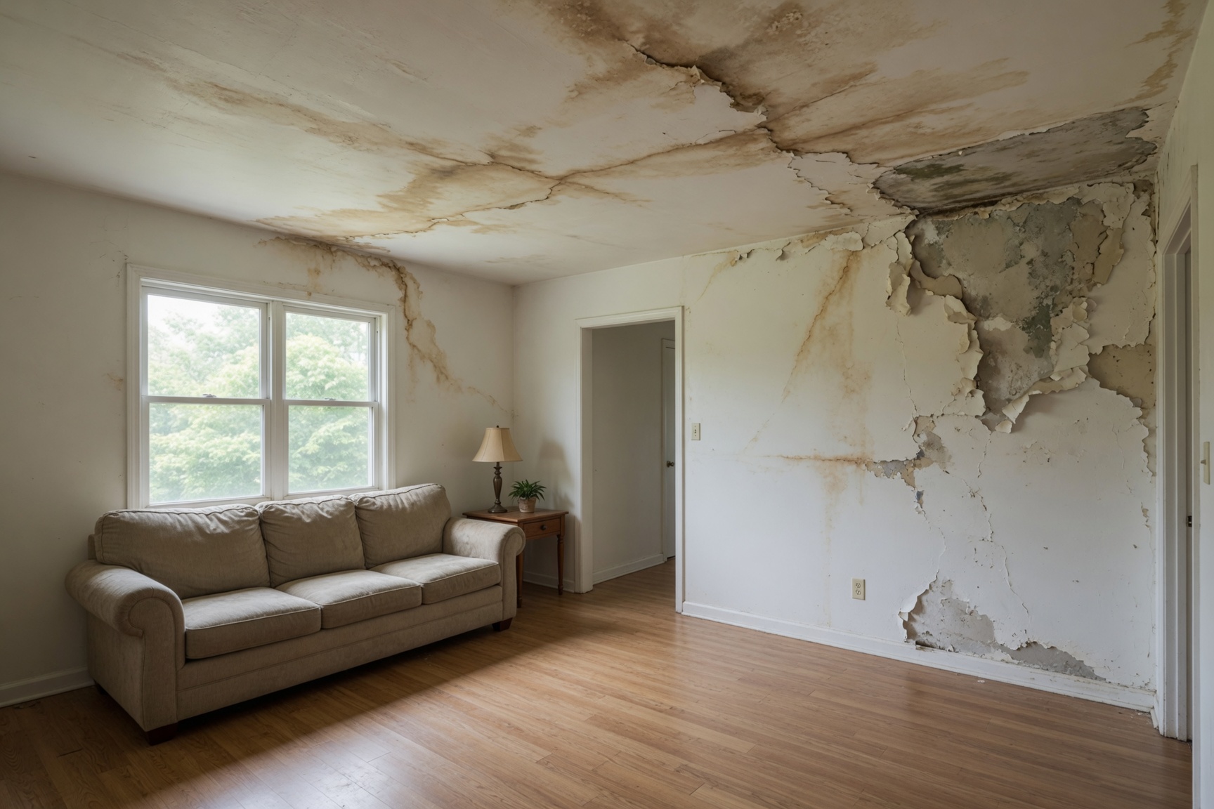 Home interior with a water-damaged, stained ceiling and wall in Bakersfield
